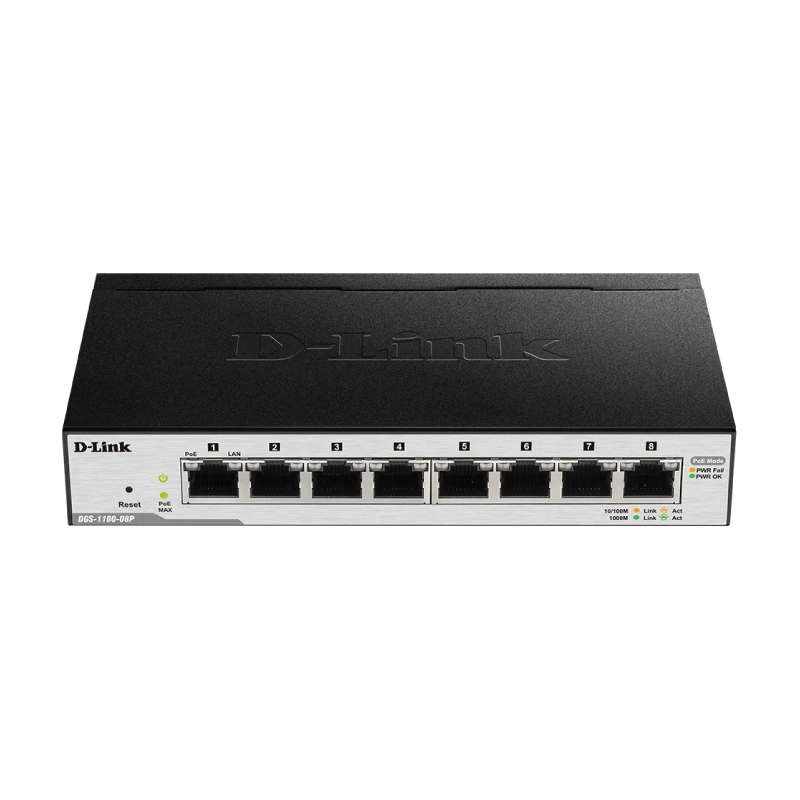 D-Link 8 port 10/100/1000Mbps PoE Easy Smart green switch, 64W power budget, EU/UK power plug