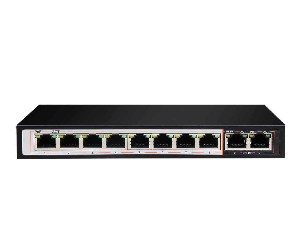 10-port 10/100/1000Base-T Unmanaged Long Range 250m PoE+ Surveillance Switch with 8 PoE ports, 96W PoE Power budget  (UK Plug)